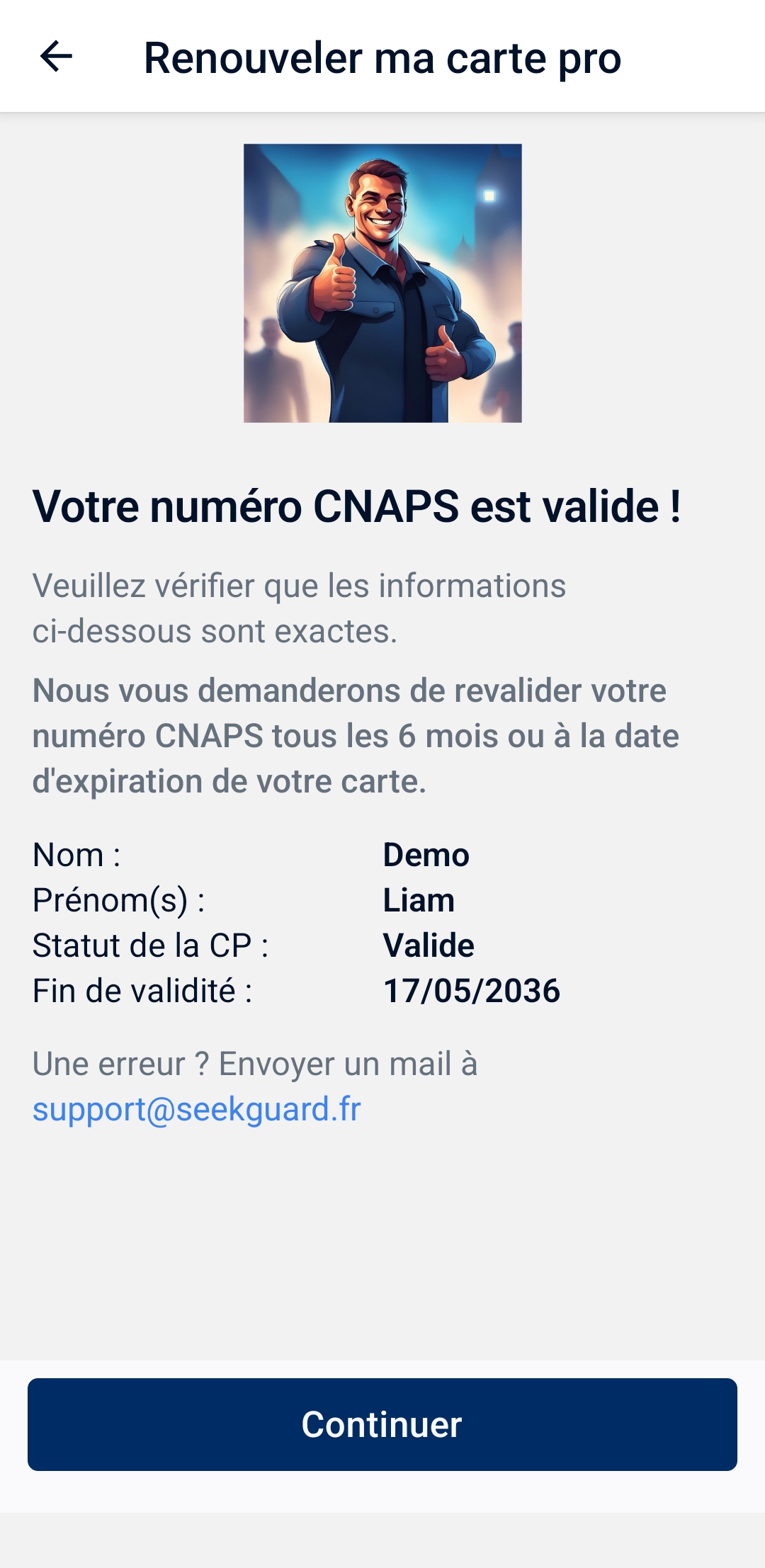 Écran de confirmation de validation de la carte professionnelle avec succès